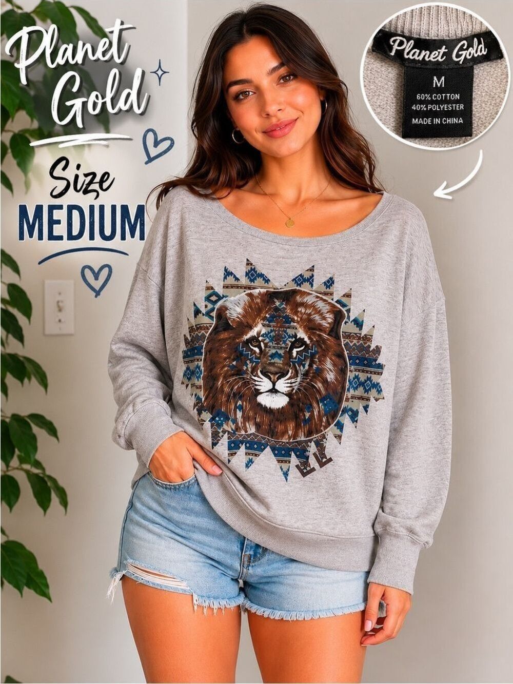Planet Gold Lion Graphic Sweatshirt Medium Gray Tribal Print Pullover